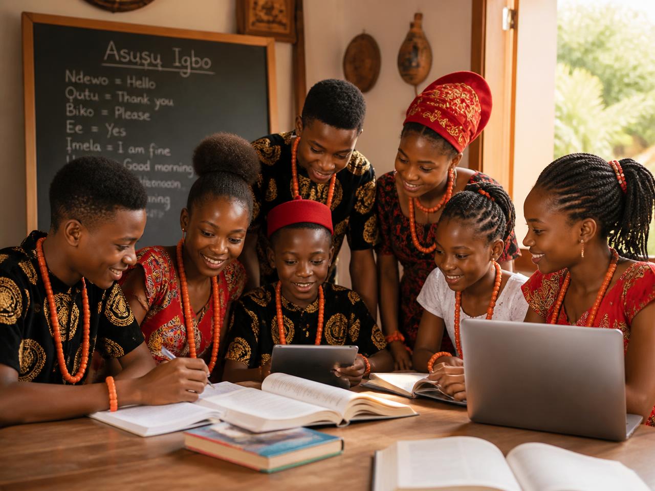 An Igbo elder and a young learner reading a book together