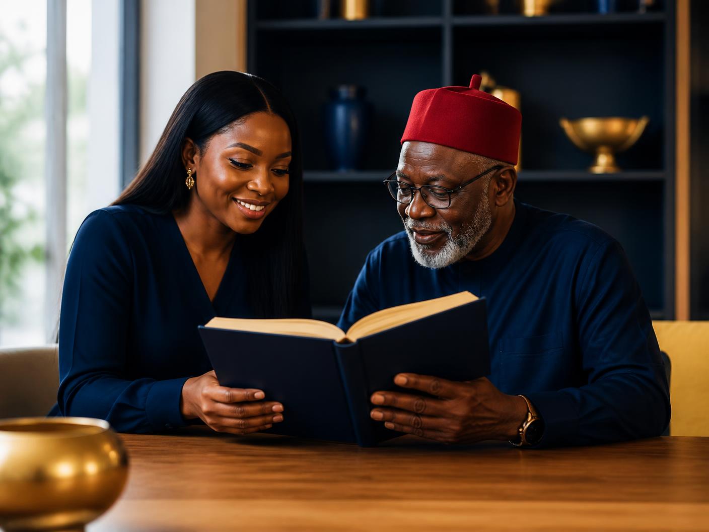 An Igbo elder and a young learner reading a book together